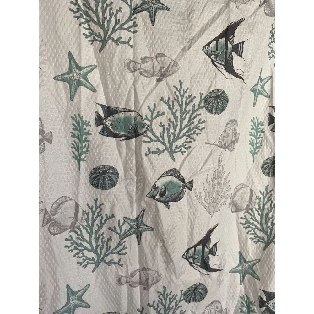 Shower Curtain & Hooks Seaside Starfish Sea Shell Fabric Teal White Gray Texture